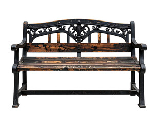 Isolated, weathered park bench with ornate back and dark metal frame