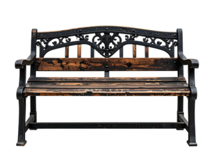 Isolated, weathered park bench with ornate back and dark metal frame