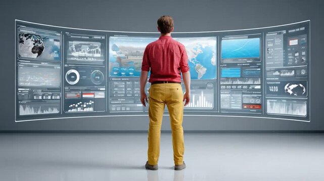 Vision of the Future: An individual stands before an array of digital interfaces, gazing at intricate data displays, embodying technological advancement, and the power of knowledge