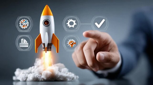 Embarking on Innovation: A visionary idea launches skyward as a person points towards a rocket, symbolizing the beginning of a remarkable journey. Illustrating the dynamic power of innovation.