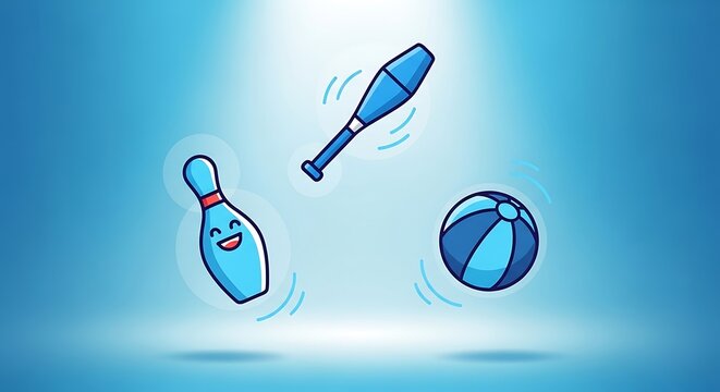 Cartoon Juggling Objects Bowling Pin Club and Ball on Blue Background.