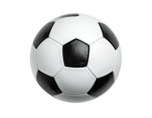 A classic, spherical, black and white soccer ball isolated on black
