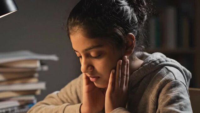 A tired young student with a headache from studying late at night, rubbing her temples in pain and exhaustion, feeling the immense pressure of schoolwork with a stack of books on her desk