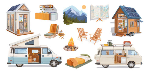s various elements of tiny home living and camping, including tiny houses, camper vans, and outdoor essentials.