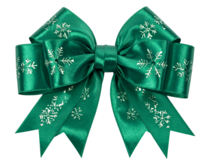 Emerald green satin bow with silver snowflake print. Festive, tied, elegant, decorative