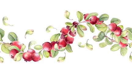 Lingonberry watercolor seamless border isolated on. Hand drawn repeat background of fresh wild berries. Botanical horizontal pattern for decorative use. Cranberry wavy branches for design textile.