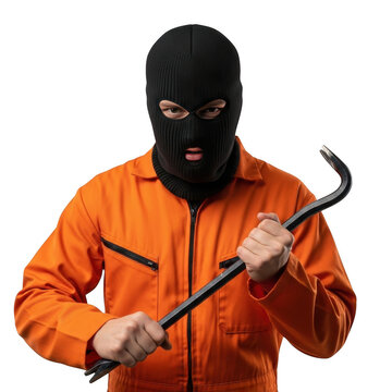 Male Thief with Crowbar Wearing Overall and Mask isolated on Transparent Background
