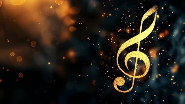 Golden treble clef symbol with sparkling particles background