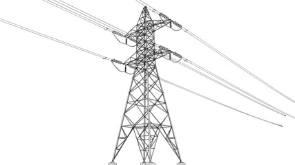 High voltage electricity transmission tower line drawing with power cables, industrial energy infrastructure concept, engineering structure, cad drawing flat vector illustration © Julfikar
