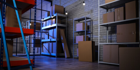 Interior of warehouse with shelf units, cardboard boxes and glowing lamps