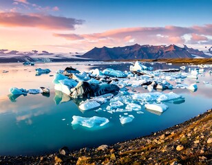 Scenic vista of glacial ice chunks floating on calm, reflective waters at dawn