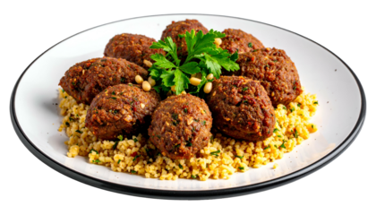 Plate of spiced, oblong meat dishes atop couscous, garnished with herbs & nuts