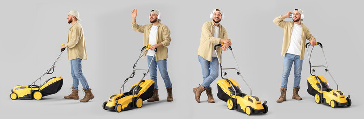 Set of man with lawn mower on grey background