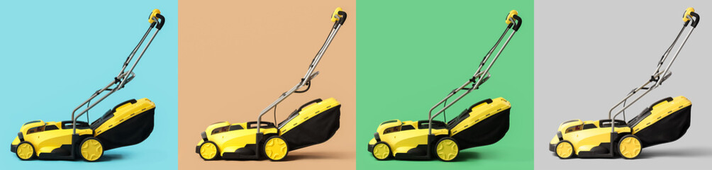 Set of modern lawn mower on color background