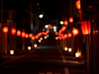 Enchanting traditional alley illuminated by a soft, warm glow from numerous red lanterns. A serene night scene with cultural charm