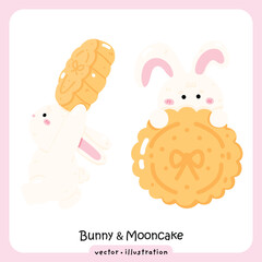 Cute Kawaii Bunny with Mooncake Vector for Mid-Autumn Festival and Lunar New Year
