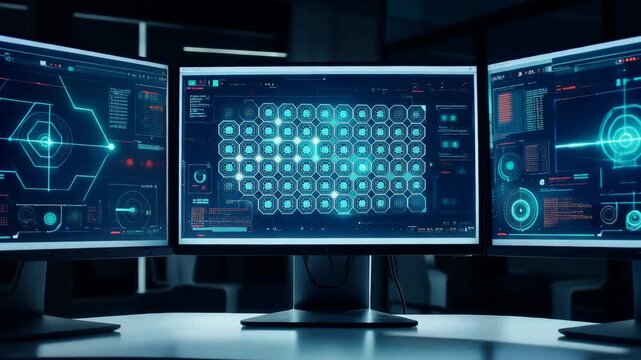 Futuristic computer workstation monitoring digital data network