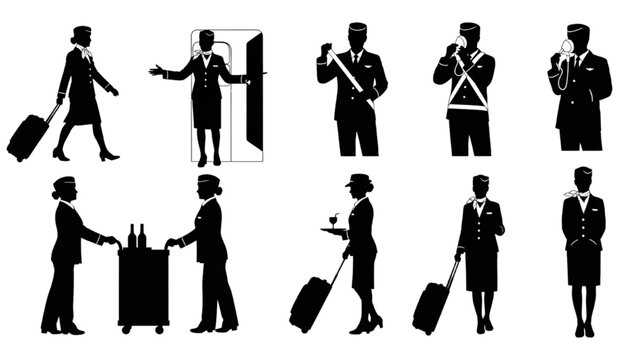 Black Silhouettes Representing Professional Hospitality and Travel Service Staff Roles