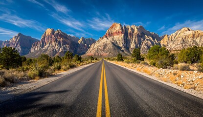 Route highway road at midday clear sky desert mountains background landscape