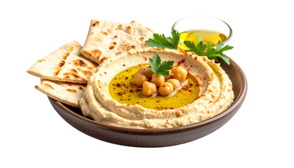 Creamy hummus served in a bowl with pita bread, chickpeas, olive oil, and parsley garnish