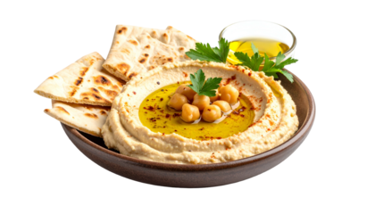 Creamy hummus served in a bowl with pita bread, chickpeas, olive oil, and parsley garnish