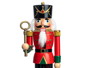 Festive soldier nutcracker with red coat, holding a key, isolated on a clean backdrop