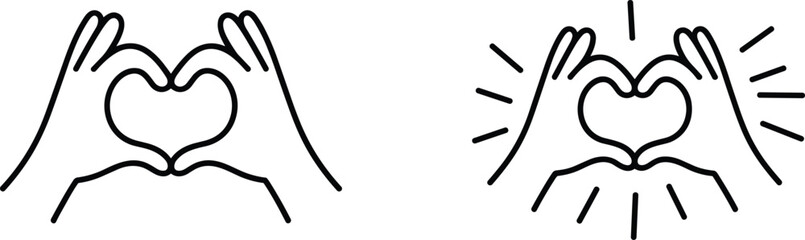 Obraz premium Hand gesture heart shape love symbol minimal line art icon, romantic concept outline design, cad drawing flat vector illustration style