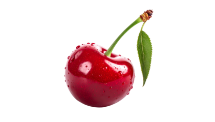 Single, glossy red fruit with stem and leaf, isolated on black background, close-up