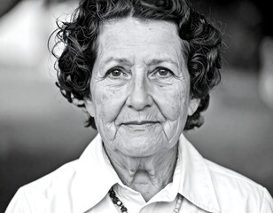 Fototapeta premium Black and white portrait of a senior woman with curly hair