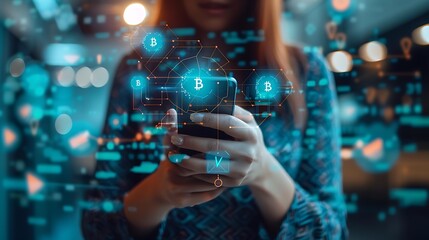 Business woman using smartphone with cryptocurrency money link