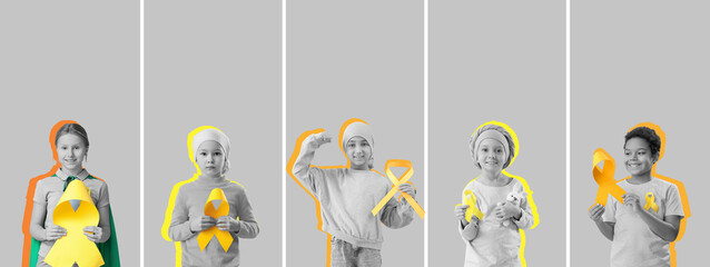 Set of children with yellow ribbons on grey background. Childhood cancer awareness concept