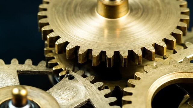 Close-up of interlocking metal gears with a warm color palette, representing mechanical precision.