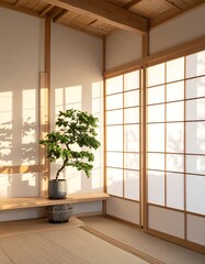 Serene Japanese interior featuring a bonsai tree. Sunlight filters through sliding paper doors and illuminates the minimalist space