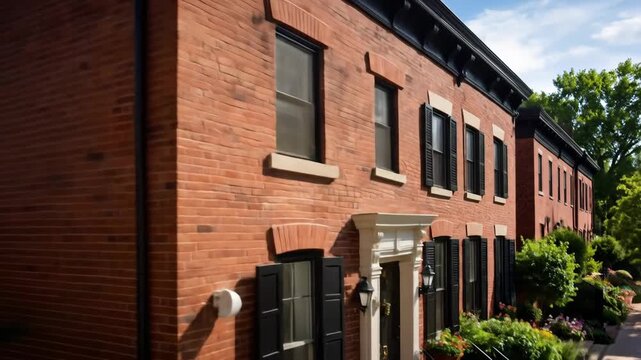 A row of classic brick buildings with black shutters and decorative elements on a sunny day.
