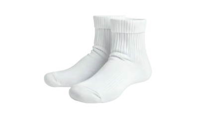 A pair of white, ribbed-knit, crew socks, isolated on a black background