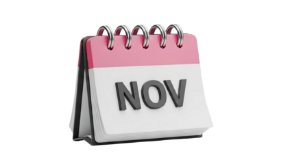 3D November calendar page with spiral binding on transparent background