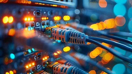 Network panel switch and cable in data center macro shot with automation