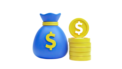 3D Money Bag and Coins with Dollar Sign on transparent background