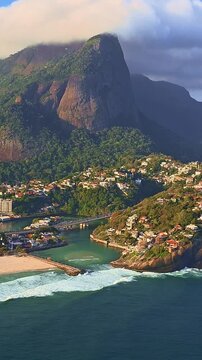 Aerial helicopter view of Barra da Tijuca beach in Rio de Janeiro, Brazil