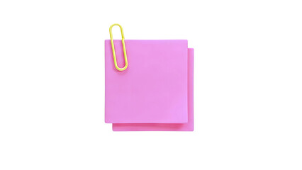 3D Pink sticky notes with a yellow paper clip on transparent background