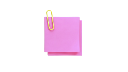 3D Pink sticky notes with a yellow paper clip on transparent background