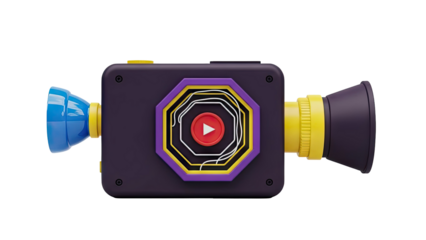 3D Play button camera with purple and yellow accents on transparent background