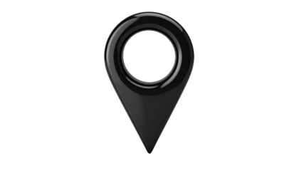 Glossy black, 3D rendered, location pin icon on a dark background