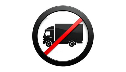 Sign showing a truck icon crossed out, inside a circle, against a black background