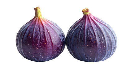 Two ripe figs, deep purple skin, side-by-side on black. Detailed texture visible
