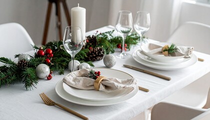 Fototapeta premium Minimalist festive table setup for New Year celebration, elegant style