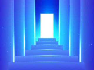 Futuristic Ladder Leading To Success Behind the Light Door in dark blue background and light effect ditigal technology vector design concept for AI Technology, digital transformation, new technology.