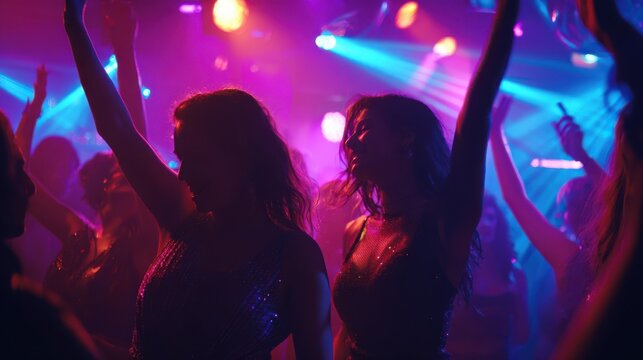 Women, dancing and glitter in night club for party, celebration and excited for New Year. Friends, movement and energy on dancefloor for event, disco or birthday social with neon lights for aesthetic