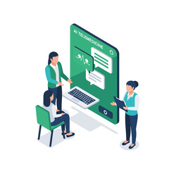 Fototapeta premium Isometric illustration of people interacting with an AI telemedicine app on a large smartphone screen, showing health data and chat.