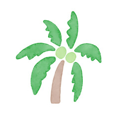 夏の手描き水彩イラスト。旅行やビーチ・リゾートのコンセプト。二つの実があるココヤシの木
